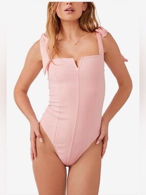 Free People Lola Tie-Shoulder Thong Pink Bodysuit Seamed Design Summer 24 Small